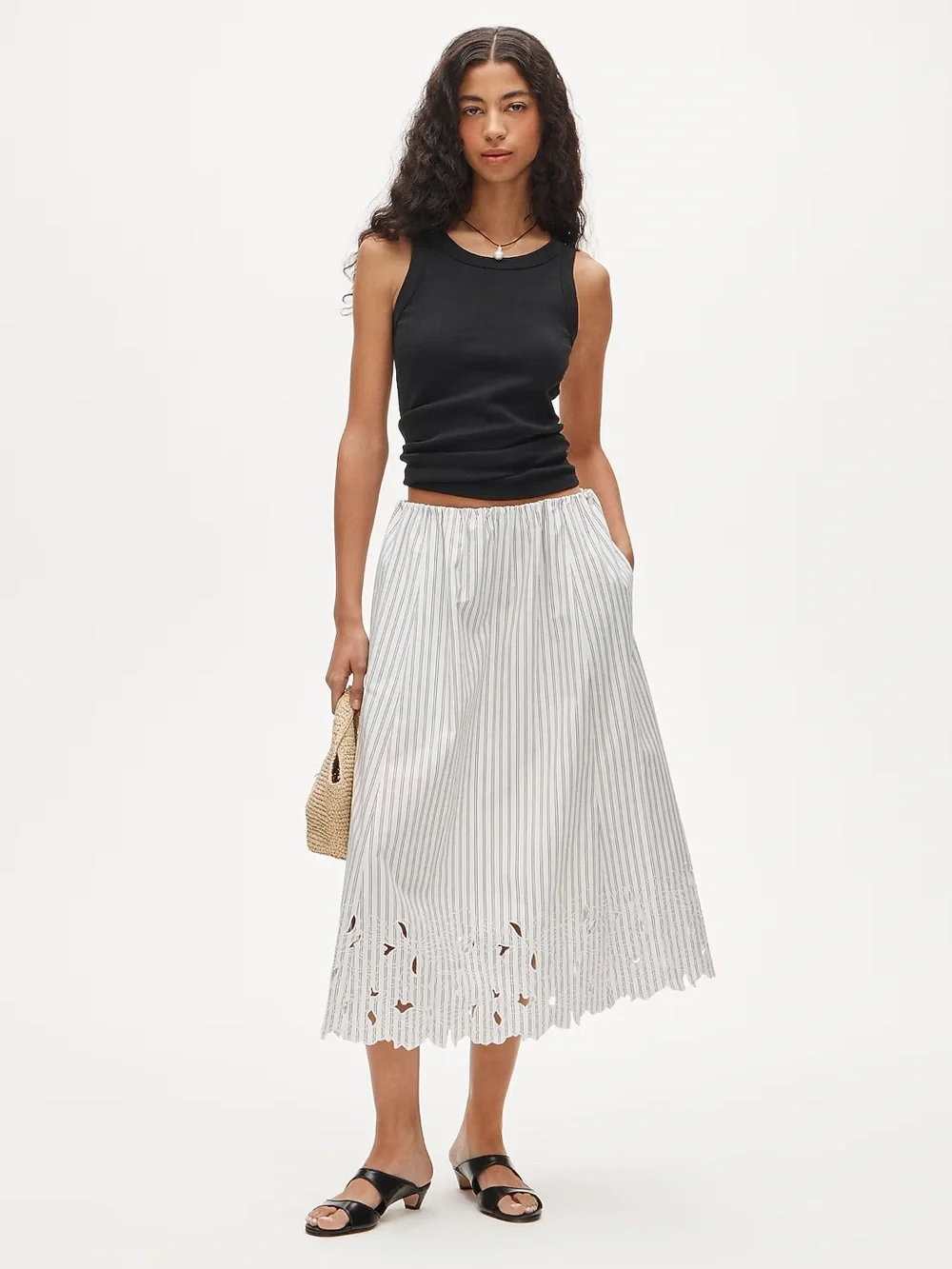 J.CREW Embroidered pull-on midi skirt in striped cotton poplin